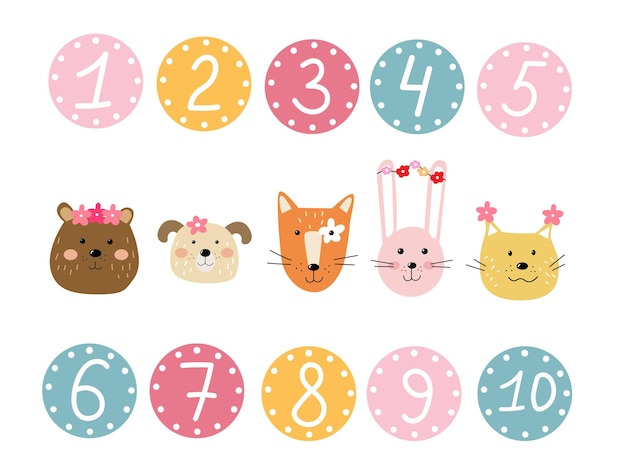 Lindas caras de dibujos animados de animales con números dibujados a mano de colores en un estilo escandinavo. Vector