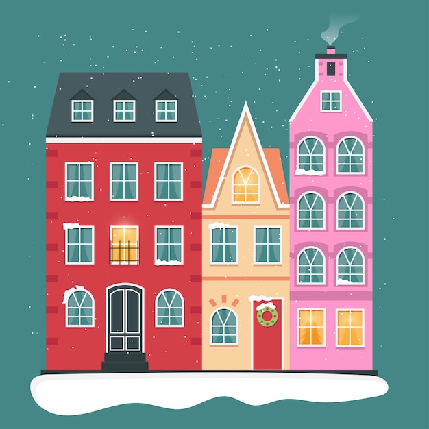 Lindas casas adosadas en las ilustraciones de vectores de estilo holandés