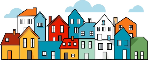 Lindas casas edificios de la ciudad en estilo escandinavo Panorama acogedor de la ciudad Ilustración vectorial abstracta aislada sobre fondo blanco