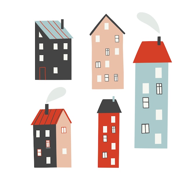 Lindas casas de estilo plano. casas de diferentes tamaños y formas. ilustración vectorial aislado sobre fondo blanco.