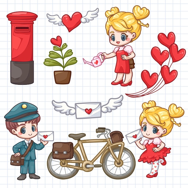 Lindas chicas de dibujos animados con buzones de correo flores y corazones