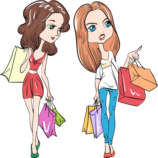 Lindas chicas de moda con bolsas de compras