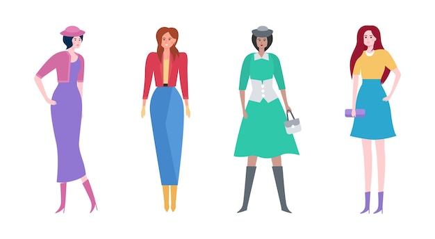 Lindas chicas multirraciales en nuevos vestidos de otoño Vector ilustración plana El concepto de moda de otoño y belleza femenina