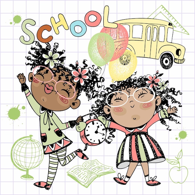 Lindas colegialas con globos y un maletín van a la escuela Regreso a la escuela El autobús escolar Vector