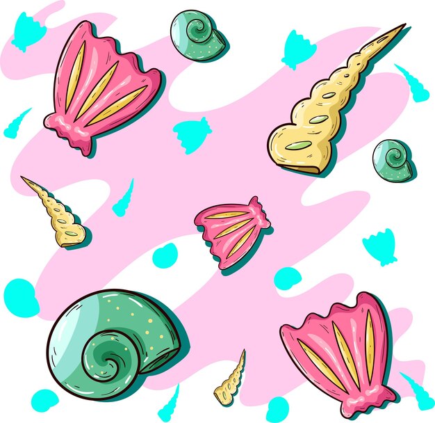 Lindas conchas marinas en playas y conchas marinas de acuario elementos gráficos de vector de cono verde y amarillo rosa
