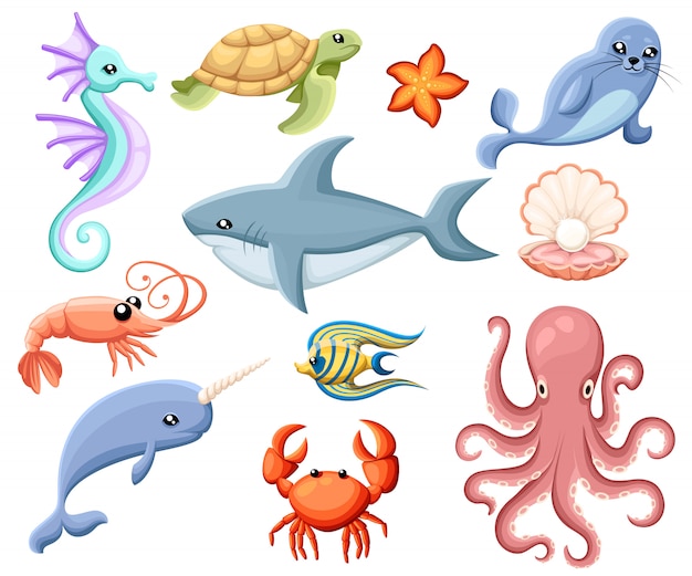 Lindas criaturas marinas. Dibujos animados de animales marinos sonrientes. Peces de mar y caballitos de mar, ballenas y pulpos ilustración sello cáscara de cangrejo tiburón pulpo camarón página del sitio web y aplicación móvil