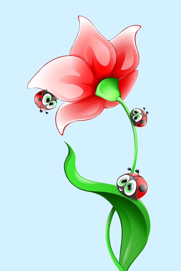 Vector lindas y divertidas mariquitas de dibujos animados sentadas en la flor