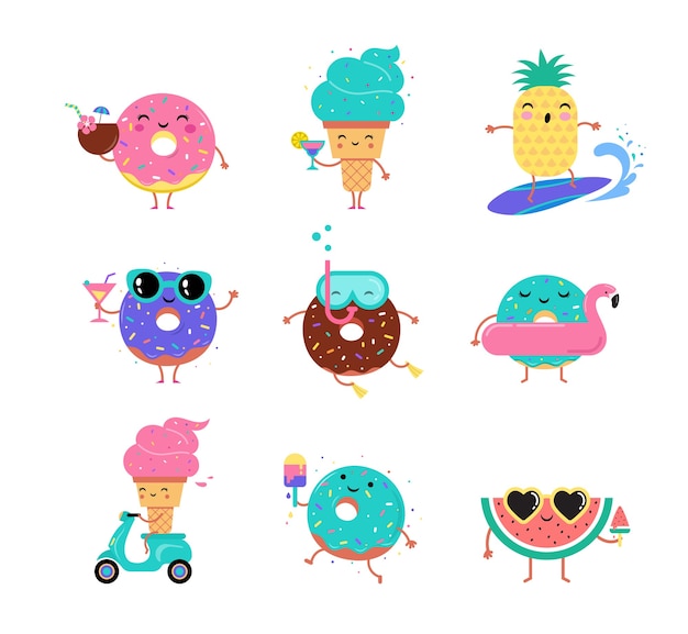 Vector lindas donas, helados y frutas en verano.