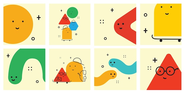 Lindas figuras geométricas de dibujos animados con diferentes emociones faciales idea divertida de póster para niños Personajes coloridos con texturas ilustraciones vectoriales de moda varias figuras básicas