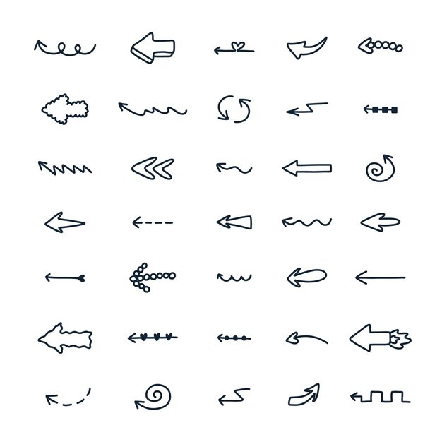 Lindas flechas dibujadas a mano en estilo garabato colección cómica de flechas a mano alzada líneas curvas remolinos Iconos de marcas de flechas de negocios para diseño de banner web aislado sobre fondo blanco