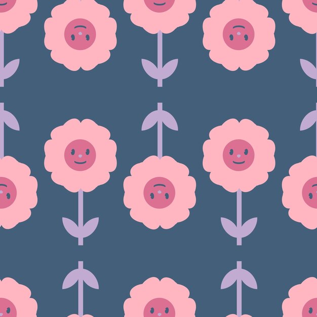 Lindas flores color de rosa con caras sonrientes patrón sin costuras Estampado floral para tela de papel tee textil Ilustración de vector retro para decoración y diseño