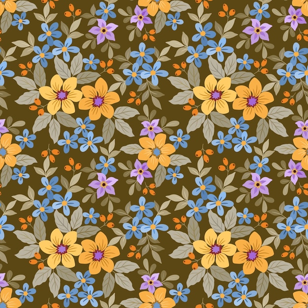 Lindas flores de colores y hojas en el patrón sin costuras de fondo de color marrón oscuro.
