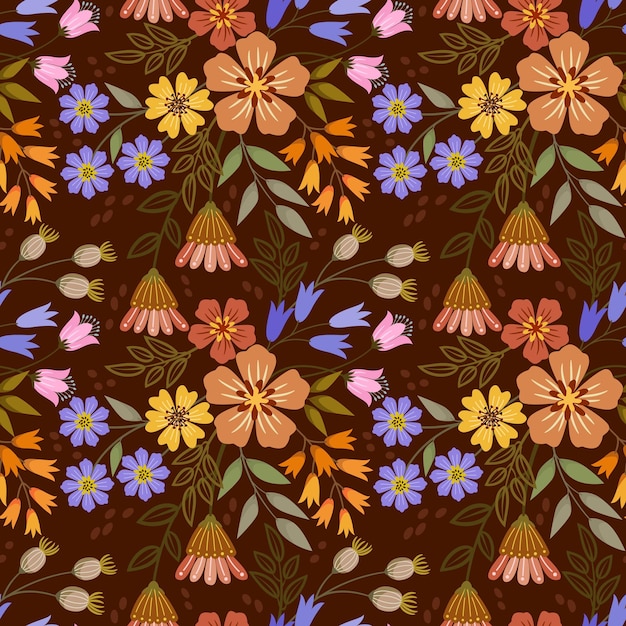 Lindas flores de colores sobre fondo de color marrón de patrones sin fisuras