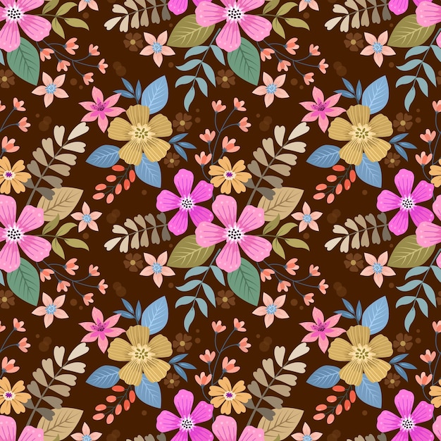 Lindas flores de colores sobre fondo de color marrón de patrones sin fisuras