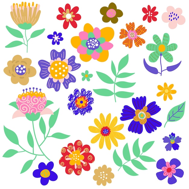 Lindas flores de dibujos animados, juego de ramas. Elementos florales texturizados aislados sobre fondo blanco.