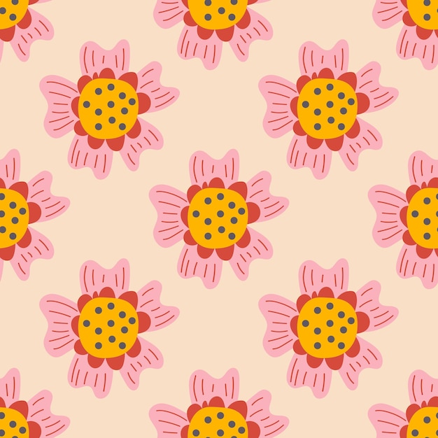 Lindas flores de lunares de dibujos animados en un patrón sin costuras de estilo plano. Fondo floral de estilo infantil.