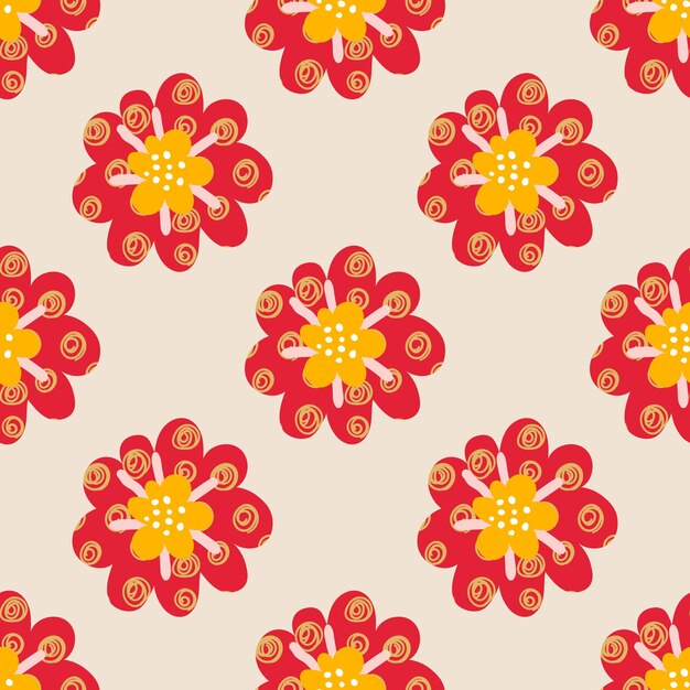 Lindas flores de lunares de dibujos animados en un patrón sin costuras de estilo plano. Fondo floral de estilo infantil.