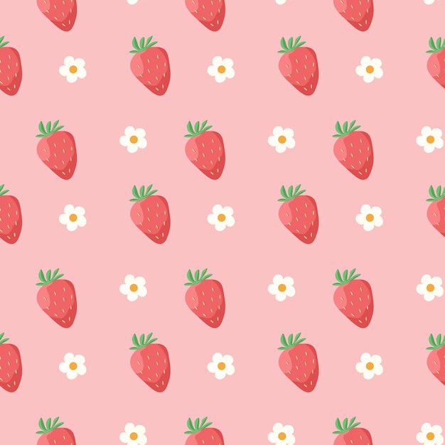 Lindas fresas de verano y flores con un patrón sin costuras sobre un fondo rosado