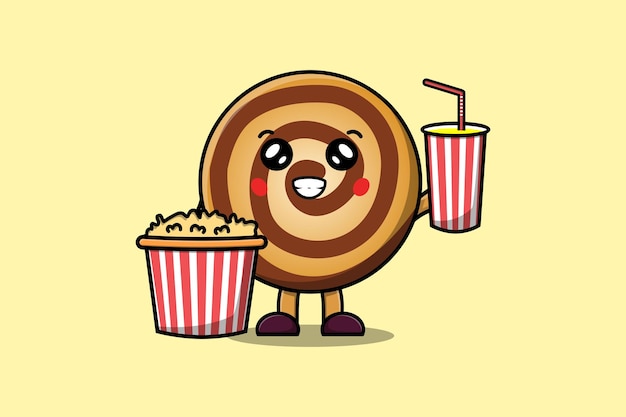 Lindas galletas de dibujos animados con palomitas de maíz y bebida listas para ver películas en el cine