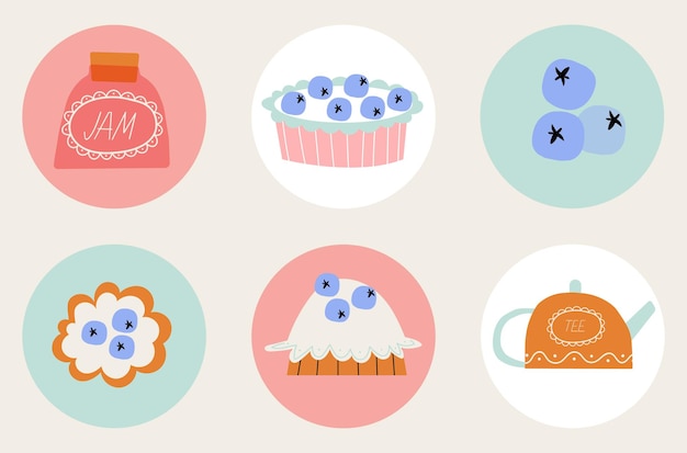 Lindas galletas de tarta de arándanos, mermelada de tetera y arándanos, pegatinas redondas para decorar la habitación infantil
