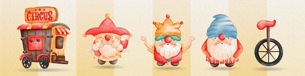 Lindas ilustraciones de circus gnome para decoración conjunto de circo pintado a mano con acuarela
