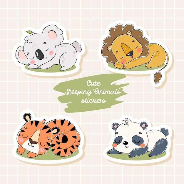 Lindas ilustraciones de vectores de dibujos animados de animales de la selva para dormir para pegatinas
