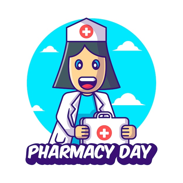 Vector lindas ilustraciones vectoriales de enfermera de dibujos animados con kit de ayuda para el día de la farmacia