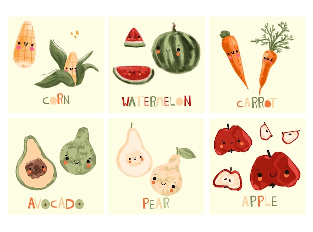 Lindas ilustraciones vectoriales con frutas y verduras Comida sonriente feliz Personajes sandía de maíz