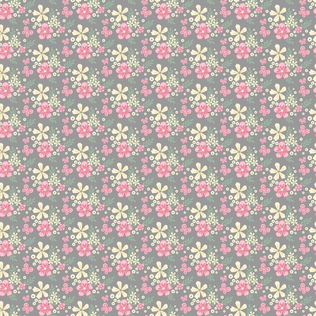Lindas imágenes de flores amarillas y rosas, ramitas verdes de plantas y mariposas sobre fondo gris