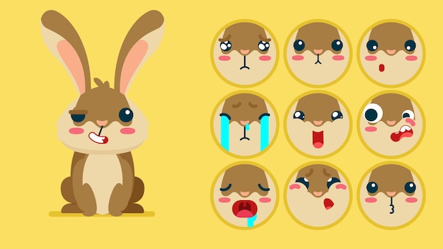 Lindas liebres conjunto de emociones animales pequeño conejo con emoji colocación durmiendo llorando triste Aburrido