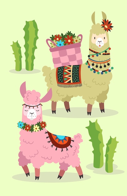 Lindas llamas en el desierto. tarjeta de alpaca de divertidos dibujos animados. ilustración vectorial