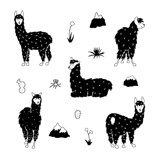 Con lindas llamas. vector de llama de bebé de dibujos animados de contorno aislado. guanaco, alpaca, vicuña.