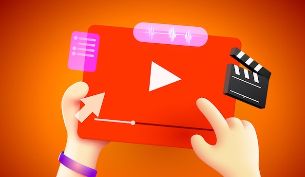 Lindas manos 3d sostienen un reproductor de video Concepto de edición de video
