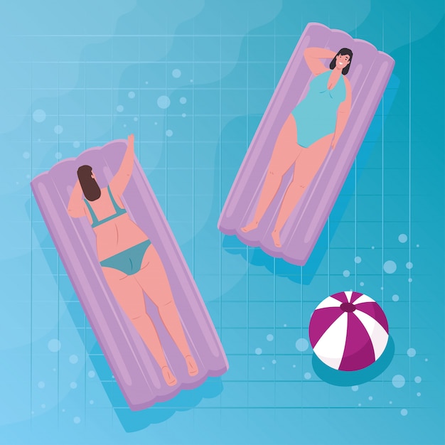 Lindas mujeres regordetas acostadas en flotador inflable en la piscina