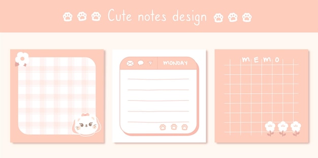Lindas notas de álbum de recortes y plantilla de memo tema de gato kawaii