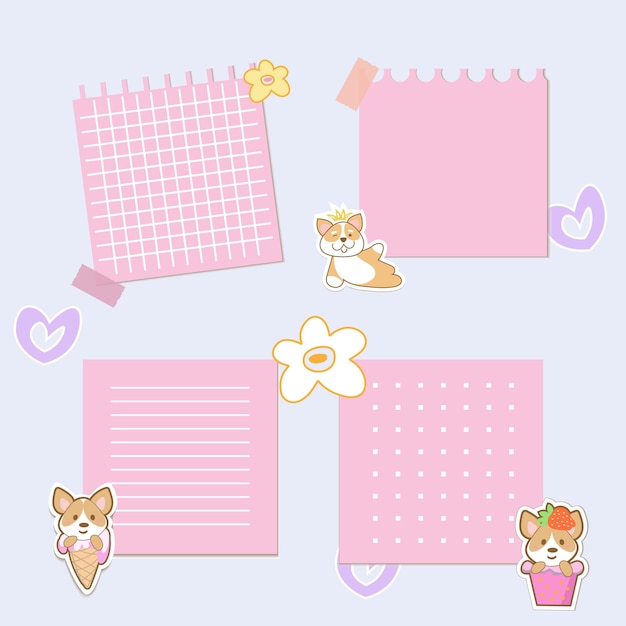 Lindas notas kawaii Para hacer la lista Little capy y corgy con planificador de flores para la escuela Conjunto de vectores planos