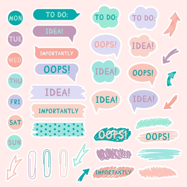 Lindas notas de papel en colores pastel Pegatinas Página simple Conjunto estacionario Notas y postales para notas Pegatinas de planificador imprimibles Una nota en la lista de tareas Elemento decorativo de planificación Vector