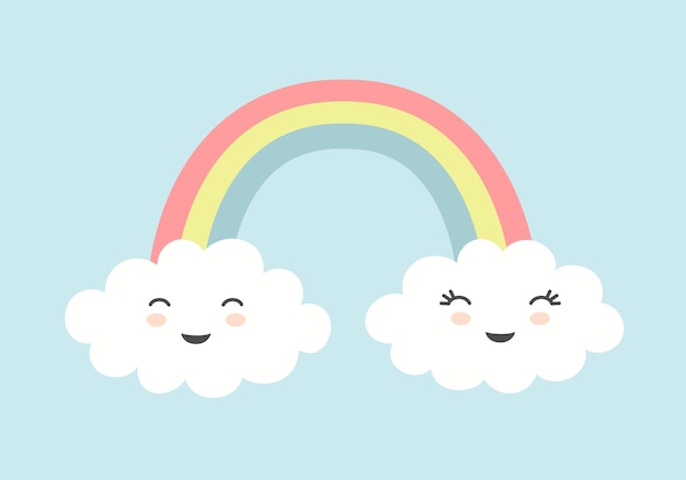 Lindas nubes con caras sonrientes y arcoiris