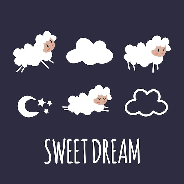 Lindas ovejas en diferentes poses Nubes y luna en la noche Dulces sueños