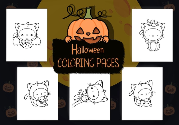 Lindas páginas para colorear de Halloween. Colección de Gatitos de Halloween Kawaii.