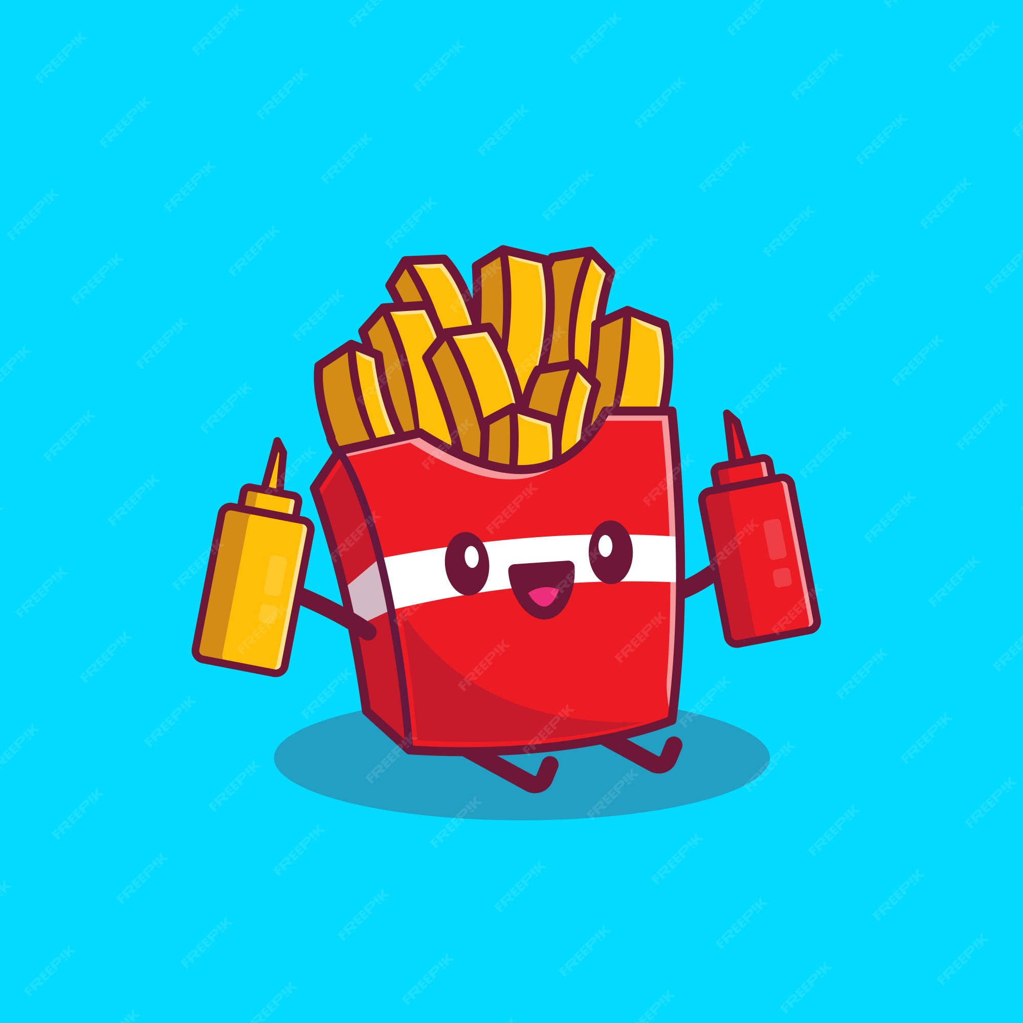 Lindas papas fritas con ketchup y mostaza icono de dibujos animados  ilustración. concepto de icono de dibujos animados de comida rápida  aislado. estilo de dibujos animados plana | Vector Premium