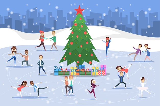 Lindas parejas románticas y patinadores profesionales patinan al aire libre en el hielo. actividad de invierno y deporte profesional alrededor del árbol de navidad. ilustración vectorial plana