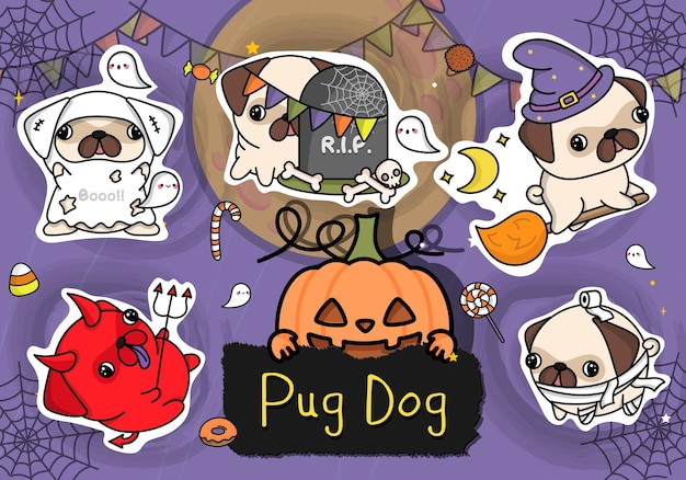 Lindas pegatinas de Halloween. Conjunto de Cute Clipart Halloween Pug Dog Illustration. Perro de Halloween de dibujos animados.