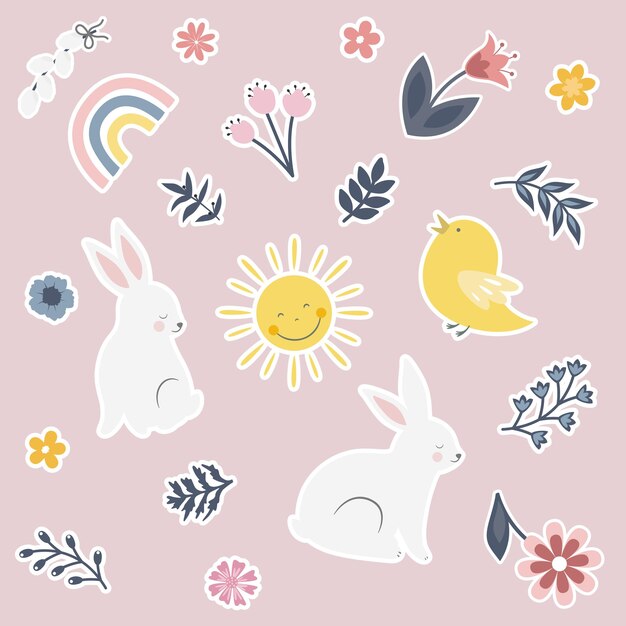 Lindas pegatinas con hojas de flores de conejito y pegatinas de pollo para felices pascuas