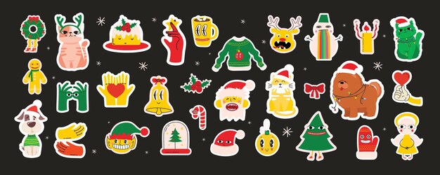 Lindas pegatinas navideñas Colección de adornos navideños, regalos navideños, gatos de Papá Noel, árboles y regalos. Ilustración vectorial, diseño de colección de pegatinas y elemento para Navidad y año nuevo.