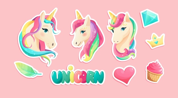 Lindas pegatinas de unicornio en estilo plano