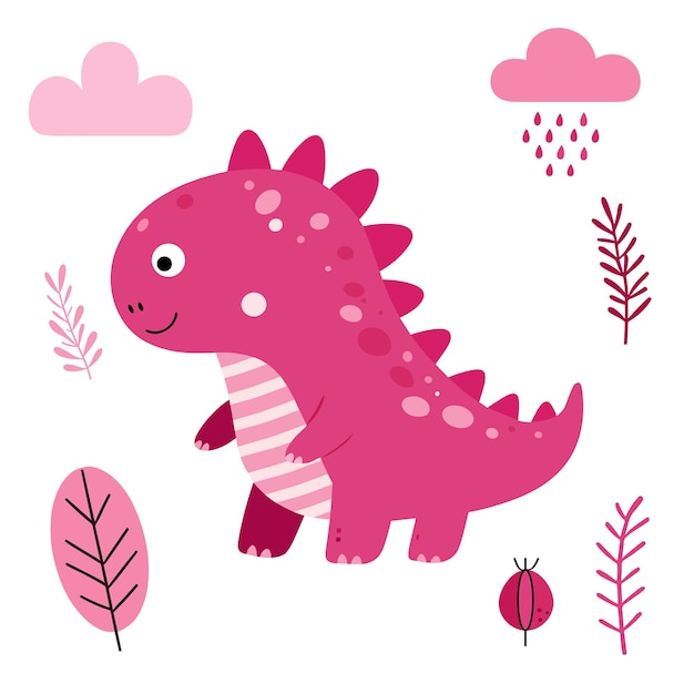 Lindas plantas de dinosaurios rosados y nubes Dino clipart para niños en estilo plano y aislado en blanco