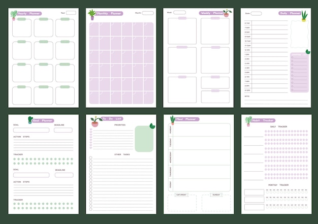 Vector lindas plantillas de planificador planificadores semanales mensuales y anuales lista de tareas planificador de objetivos rastreador de hábitos