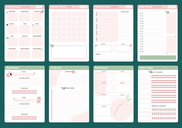 Vector lindas plantillas de planificador planificadores semanales mensuales y anuales lista de tareas planificador de objetivos rastreador de hábitos