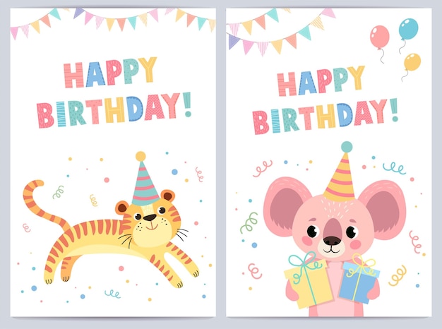 Lindas tarjetas de cumpleaños para niños con divertidos animales. ilustración vectorial